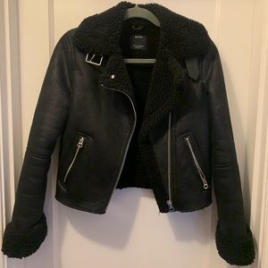 Bershka Black Moto Jacket with shearling